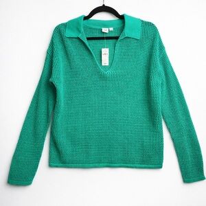 GAP Open Knit Green Polo Sweater Coastal Boho Y2K 100Cotton Layering Top size M